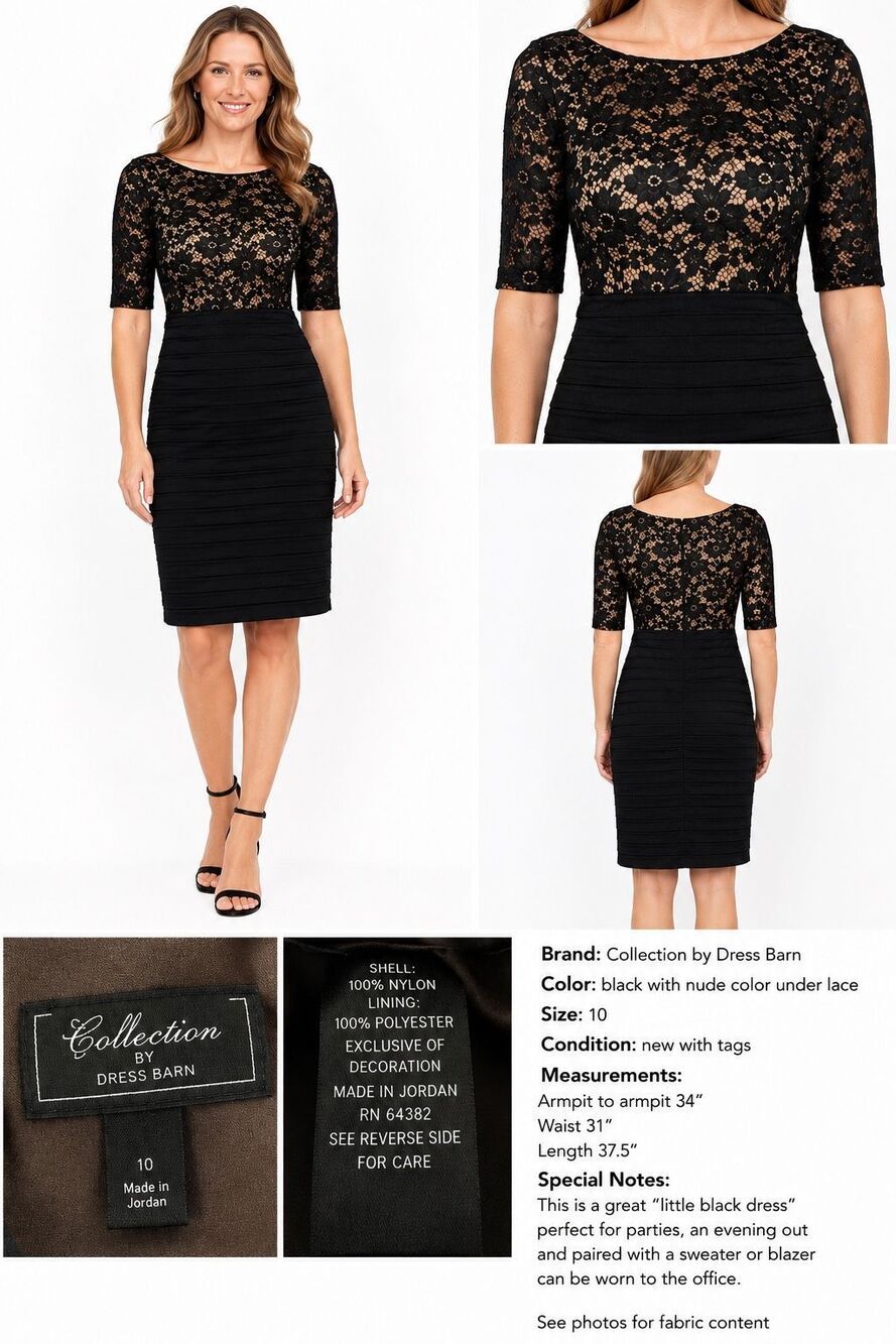 Collection by Dressbarn Black Lace Sheath Dress Nude Lining Size 10 NWT